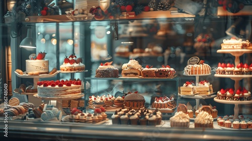 A pastry shop window filled with delicious cakes image