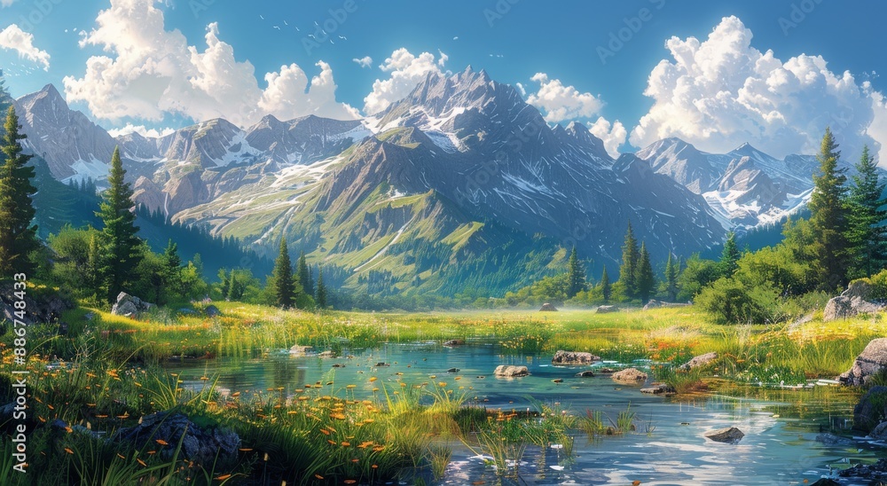 Fototapeta premium Family enjoying a mountain vacation in summer.