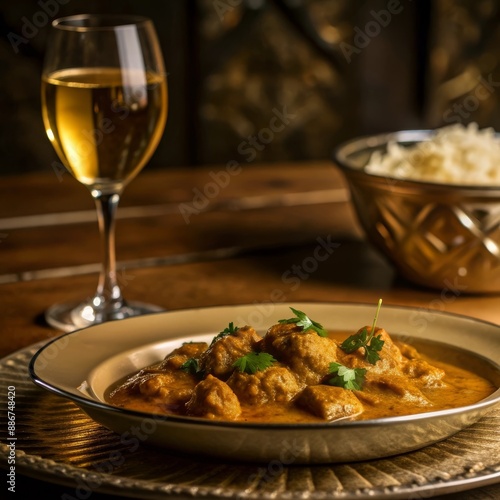 Traditional English chicken curry served with rice and paired with a glass of white wine in a cozy dining setting.