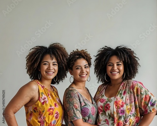 three multiethnic women happy with their curvy, xxl, body possitive photo