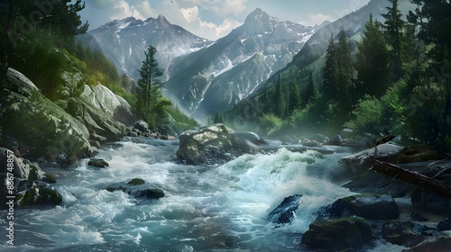 A mountain river seething among rocky banks img