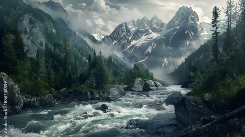 A mountain river seething among rocky banks