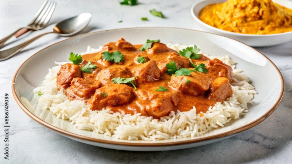 Chicken curry served over a bed of rice, garnished with cilantro, with a side dish in the background. Chicken curry served over a bed of rice, garnished with cilantro, with a side dish in the background.