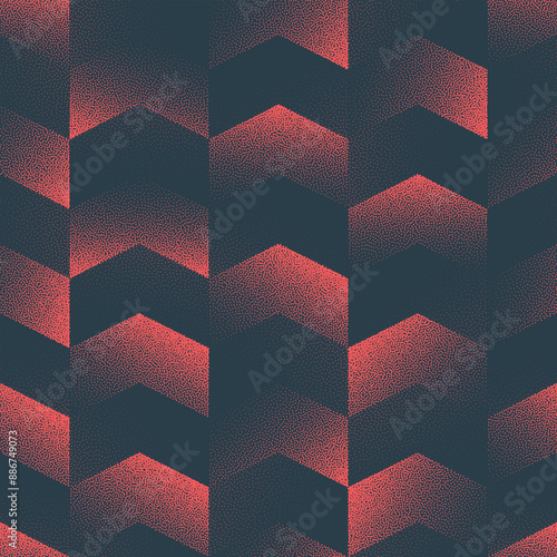 Modern Abstract Checkered Red Chevron Vector Endless Pattern on Faded Background. Half Tone Graphic Geometric Illustration for Textile Print. Repetitive Zig Zag Wallpaper with Subtle Dot Work Texture