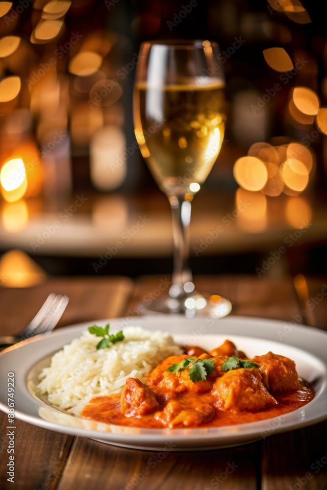 Chicken curry with rice, garnished with cilantro, served with white wine in a lush green setting. Chicken curry with rice, garnished with cilantro, served with white wine in a lush green setting.