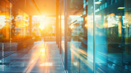 A contemporary business office environment with a blurred backdrop, highlighting sunlight reflections on the window glass, suitable for design applications.