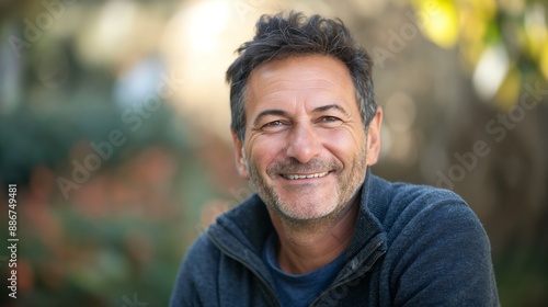 Obraz na płótnie Cheerful MiddleAged Greek Man Smiling Outdoors, Perfect for Print, Card, Poster, Design w salonie