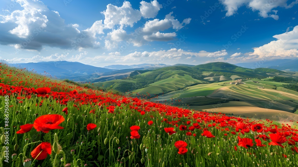 The valley filled with bright poppy fields stretches picture The valley filled with bright poppy fields stretches picture