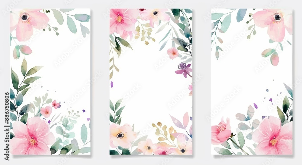 A set of three greeting or wedding invitation cards with pink roses. Beautiful flower design. Floral illustration. A set of three greeting or wedding invitation cards with pink roses. Beautiful flower design. Floral illustration.