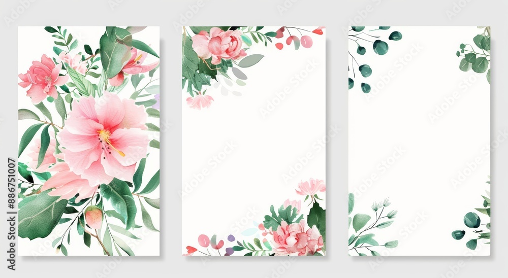 Obraz premium A set of three greeting or wedding invitation cards with pink roses. Beautiful flower design. Floral illustration.