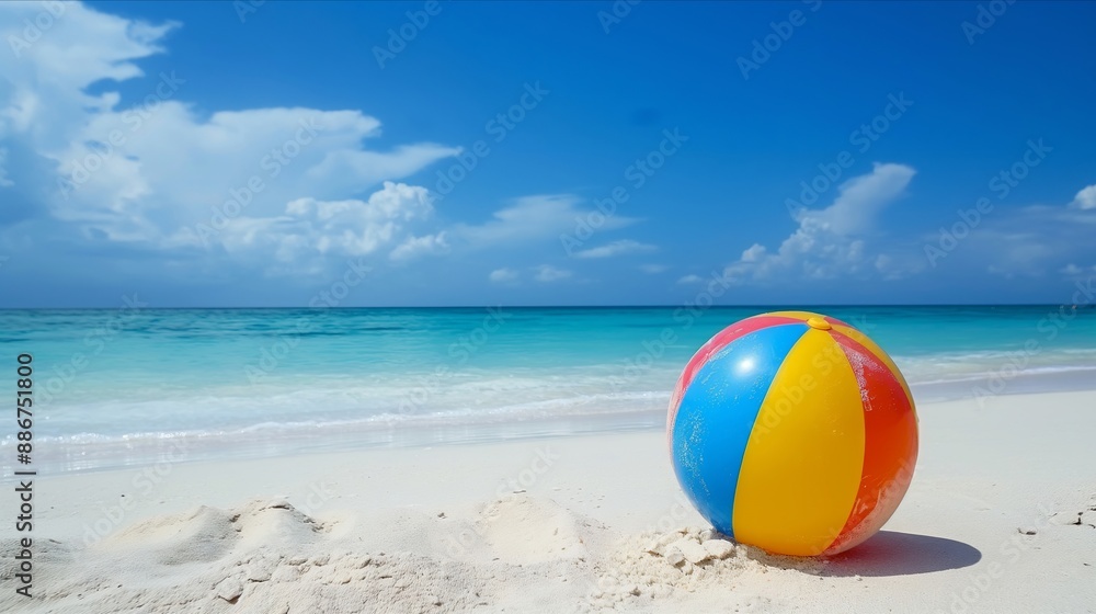 Obraz premium A beach ball is sitting on the sand next to the ocean. The sky is blue and there are clouds in the background