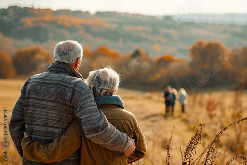 A couple of older people are standing in a field, one of them wearing a brown jacket. They are holding hands and looking at something in the distance. The scene has a peaceful and romantic mood