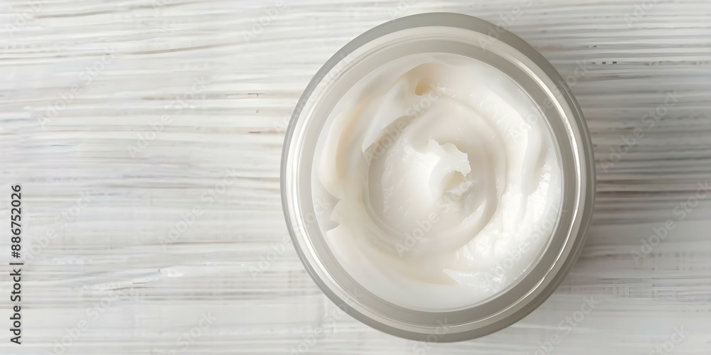 Overhead view of waterless cream in jar organic sustainable chemicalfree skincare. Concept Eco-friendly Beauty Products, Sustainable Skincare Routine, Natural Ingredients, Organic Beauty Regimen Overhead view of waterless cream in jar organic sustainable chemicalfree skincare. Concept Eco-friendly Beauty Products, Sustainable Skincare Routine, Natural Ingredients, Organic Beauty Regimen