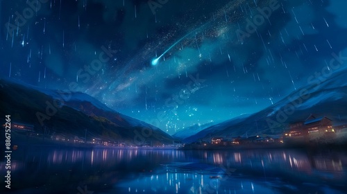 A beautiful night sky with a shooting star and a calm lake. Anime background. Anime sky. Anime wallpaper