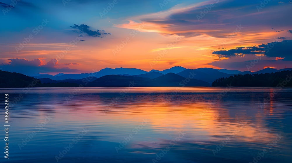 Fototapeta premium Sunset on the lake calm water reflects img