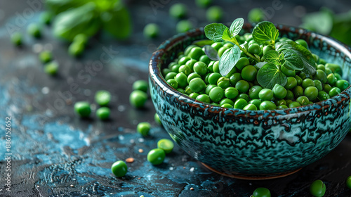 A ceramic bowl filled with fresh green peas, garnished with mint leaves, placed on a textured dark blue surface. Some peas are scattered around the bowl.