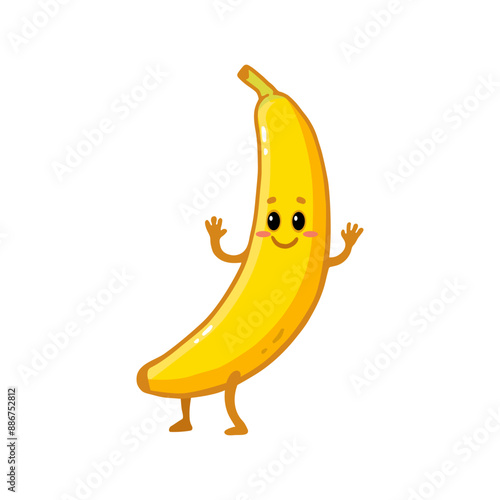 Cute happy smiling banana character. Flat cartoon fruit isolated on white. Vector  illustration