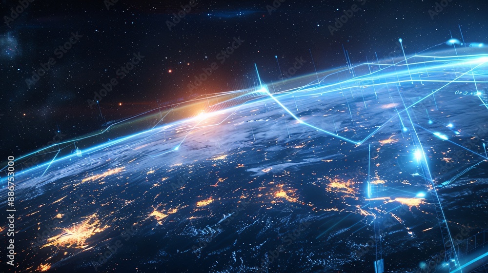A high-tech depiction of the Earth with luminous digital lines expanding over it, linking to distant planets with bright, glowing connections. This representation showcases the idea of futuristic A high-tech depiction of the Earth with luminous digital lines expanding over it, linking to distant planets with bright, glowing connections. This representation showcases the idea of futuristic