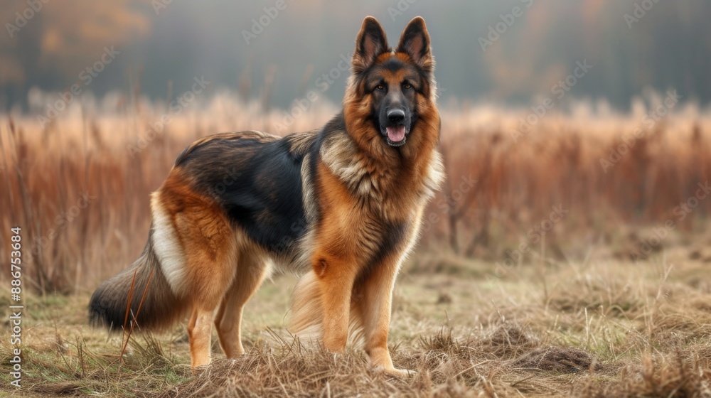 A long-haired German Shepherd standing proudly in a field A long-haired German Shepherd standing proudly in a field