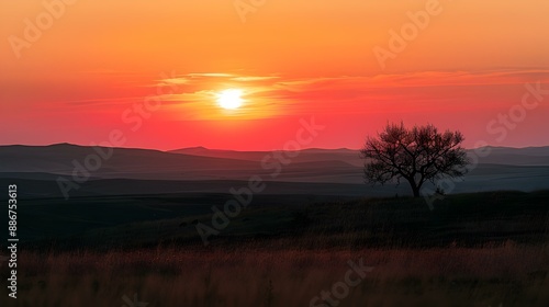 Sunset over the steppe when the sun drops image