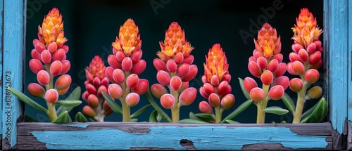 Vibrant Pink Tulips in a Blue Window