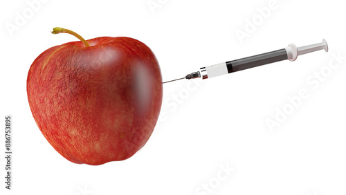 GMO: A damaged and wrinkled apple is injected with a syringe of Botox or hyaluronic acid and plumped up, a metaphor for cosmetic surgery to restore youth to the skin of the face, with Alpha Channel