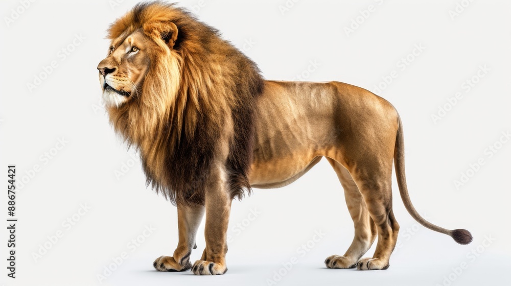 Fototapeta premium A powerful lion standing alone on a white background