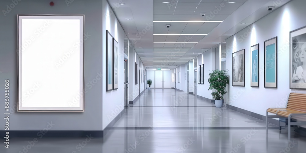 Empty Hallway with Artwork and a Blank Sign Empty Hallway with Artwork and a Blank Sign