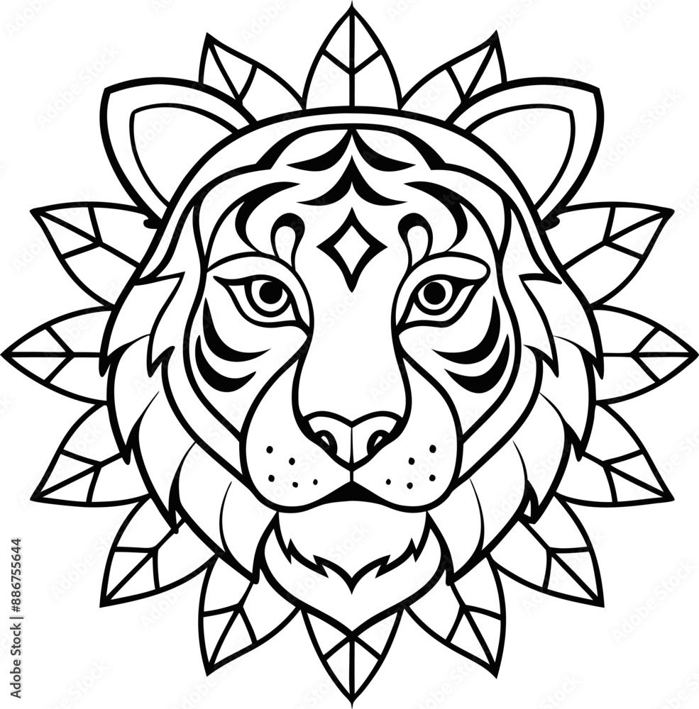Head of Tiger mandala design, Tiger coloring pages with white background. Head of Tiger mandala design, Tiger coloring pages with white background.