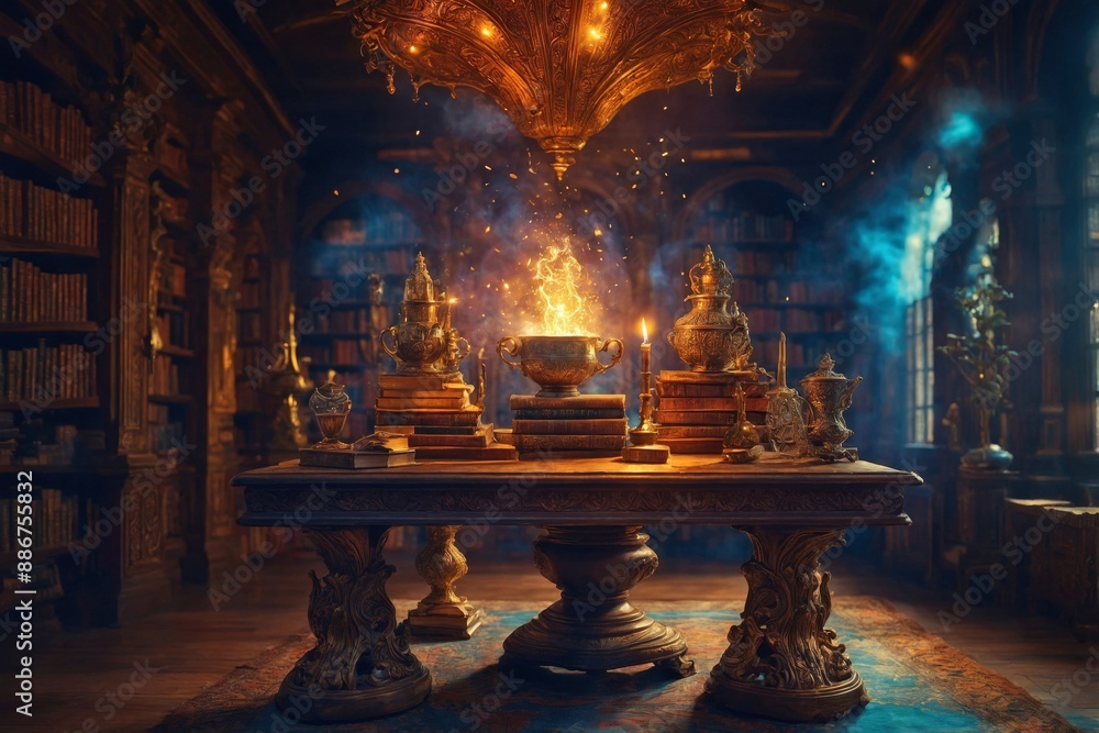 Fantasy image of a cup on an ornate wooden table in a grand, ancient library filled with mystical artifacts and glowing books. Fantasy image of a cup on an ornate wooden table in a grand, ancient library filled with mystical artifacts and glowing books.