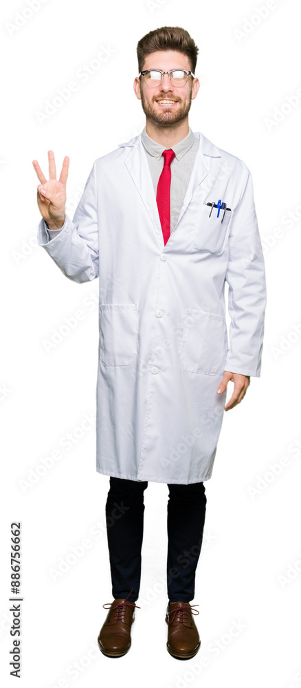 Young handsome scientist man wearing glasses showing and pointing up with fingers number three while smiling confident and happy. Young handsome scientist man wearing glasses showing and pointing up with fingers number three while smiling confident and happy.