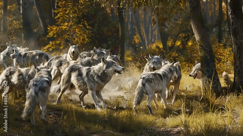 a pack of wolves cooperating to take down a larger prey, with some members acting as scouts, while others flank and ambush the target, highlighting the teamwork and division of labor within the pack photo