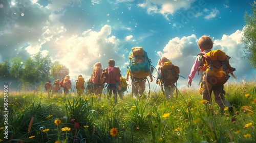 Children having fun outdoors day sky grass tree plants greenery hicking students group walk  