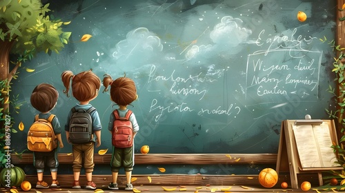 Children having fun outdoors 3 students wall board tree fruit background group