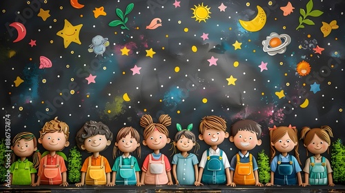 Children having fun outdoors night stars moon group glaxy 
