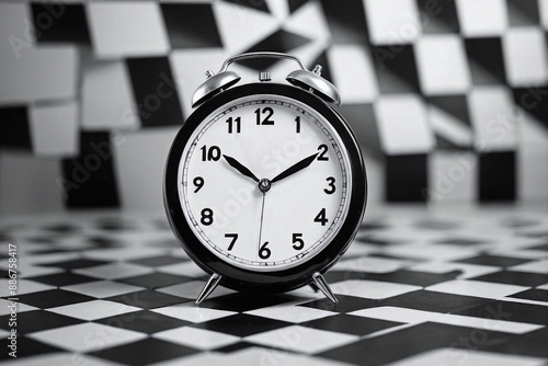 a round alarm clock on a table with a geometric patterned surface photo