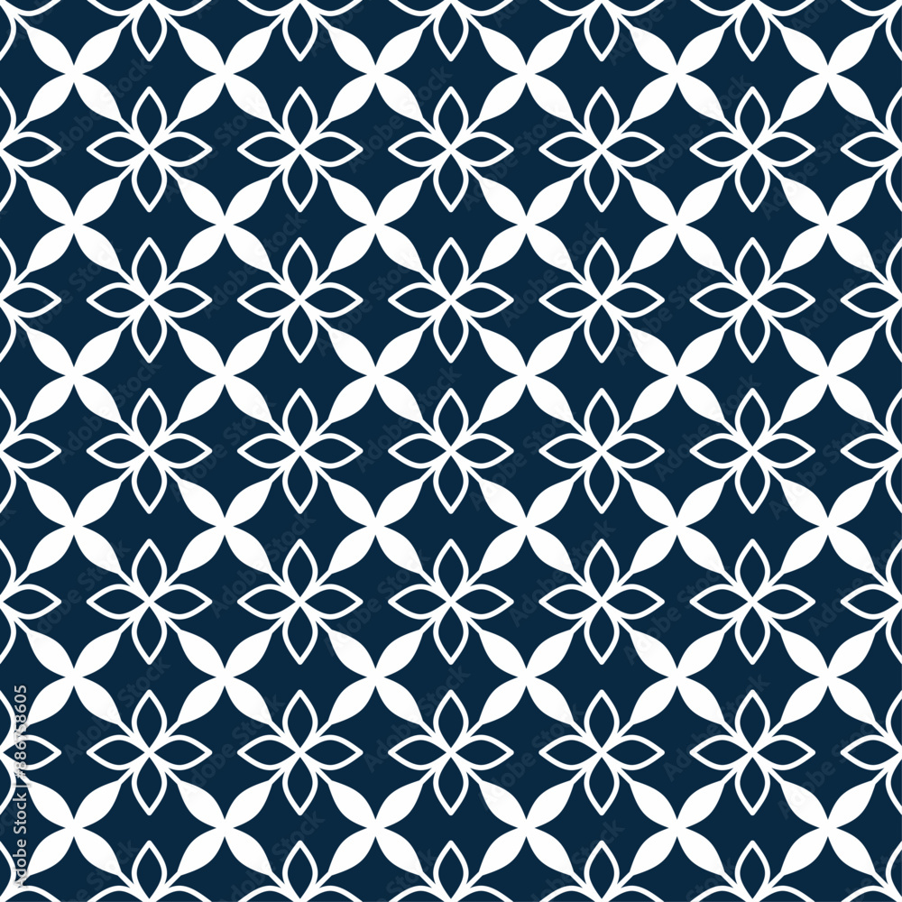 Seamless geometric pattern, with beautiful white four-petal leaf shapes on a dark blue background. Suitable for various design purposes of textiles, tiles, wallpapers, backgrounds, etc. Seamless geometric pattern, with beautiful white four-petal leaf shapes on a dark blue background. Suitable for various design purposes of textiles, tiles, wallpapers, backgrounds, etc.