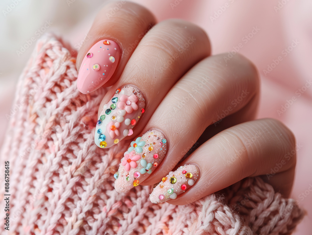 A hand with colorfully painted nails after a manicure. Beauty concept. A hand with colorfully painted nails after a manicure. Beauty concept.