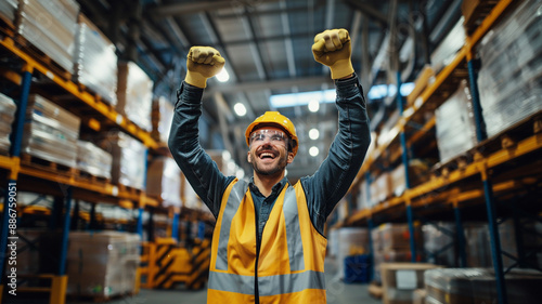 A happy worker celebrating in the warehouse of an industrial company.