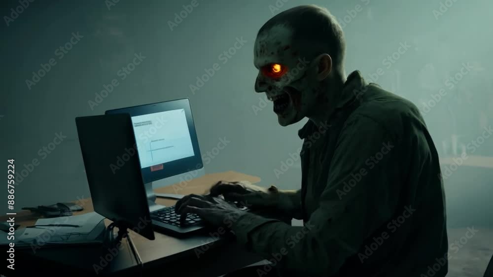 a frightening zombie using a laptop at a desk to work on a computer a frightening zombie using a laptop at a desk to work on a computer