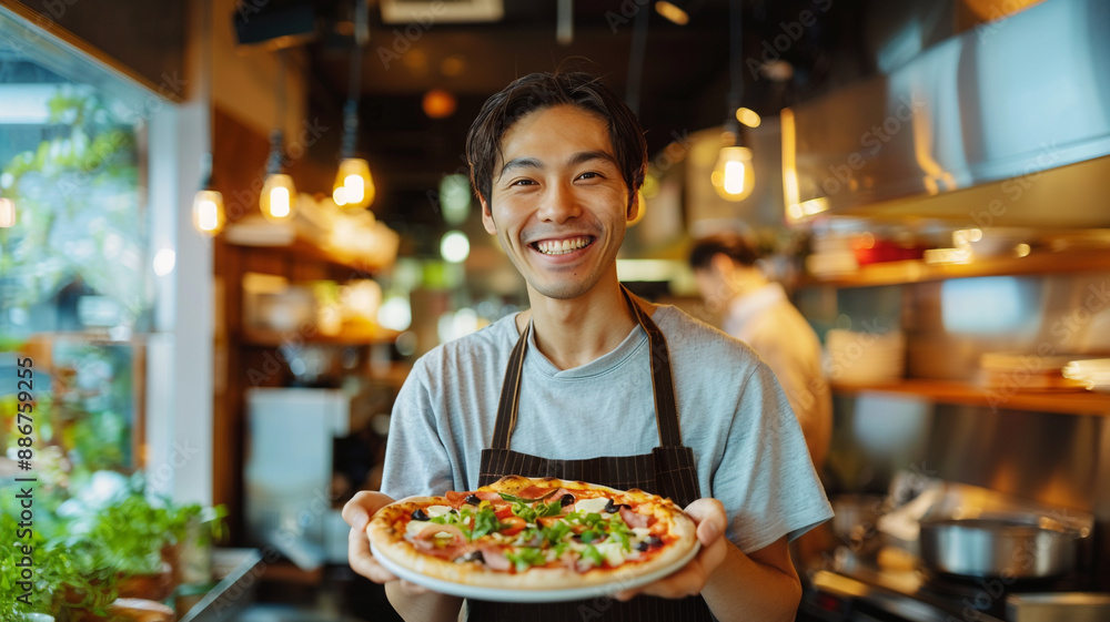 Japanese man smiling and holding a pizza Japanese man smiling and holding a pizza