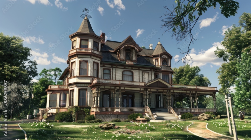 Generate a prompt for a photo realistic image of a Victorian era mansion with ornate trim, turret, and wrap-around veranda. Generate a prompt for a photo realistic image of a Victorian era mansion with ornate trim, turret, and wrap-around veranda.