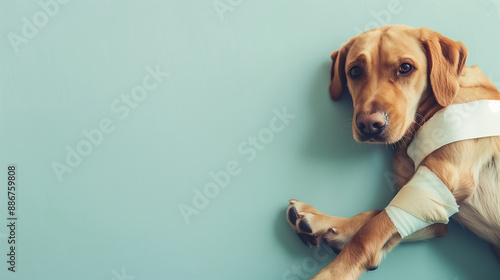 Sad dog with broken leg, injury, white banner copy space, pet with cast bandage
