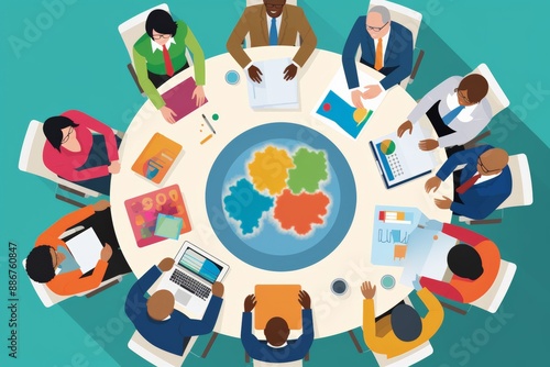 Diverse group employees sharing project updates around roundtable in modern office, each person has laptops or documents, indicating active participation collaboration, setting is vibrant inclusive.