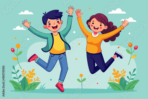 two friends jump in the sky, vector illustration