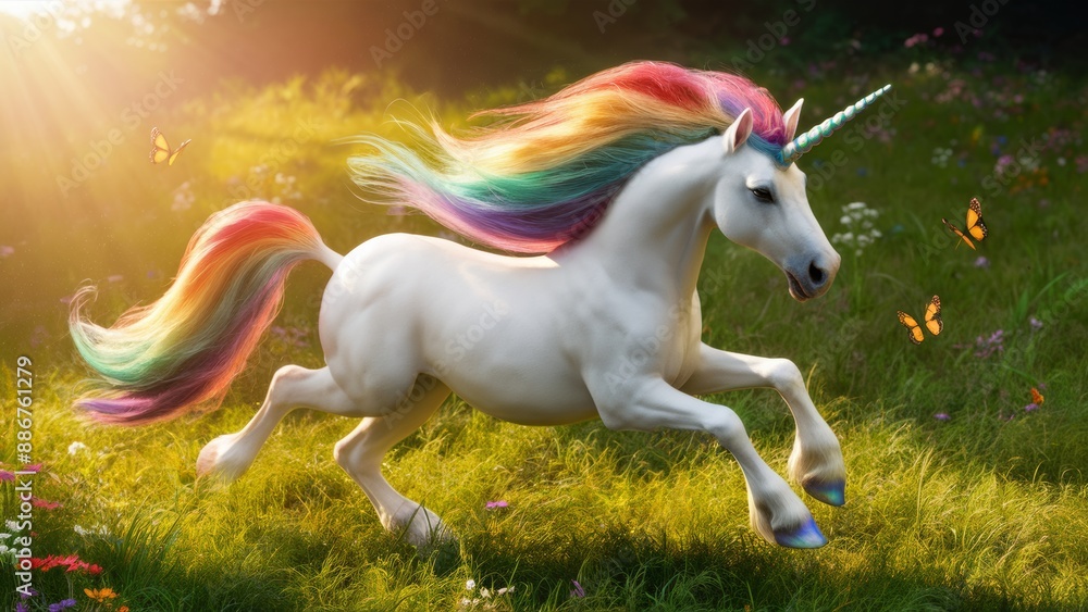 A unicorn with rainbow mane galloping through a field of flowers, AI A unicorn with rainbow mane galloping through a field of flowers, AI