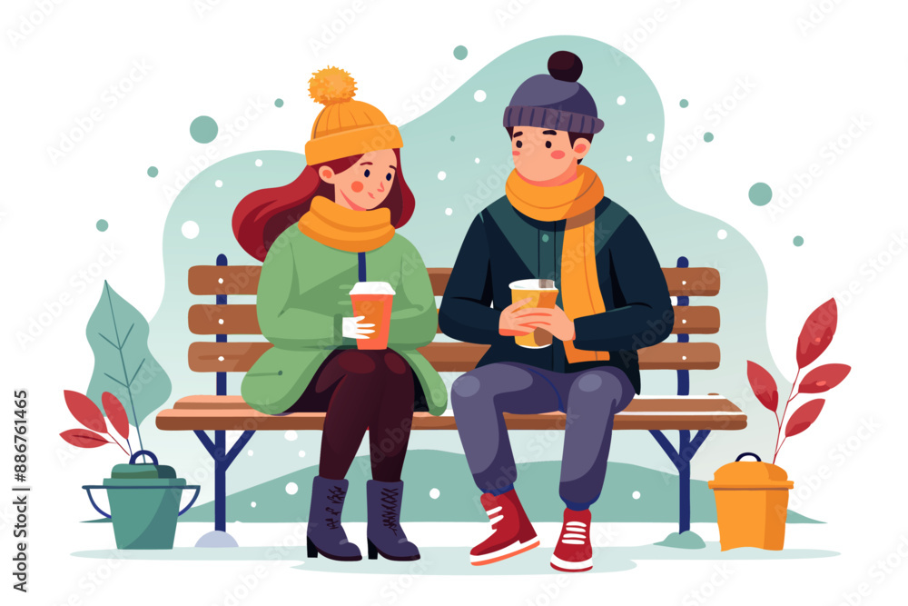 couple sitting on the bench in winter with coffee, vector illustration concept couple sitting on the bench in winter with coffee, vector illustration concept