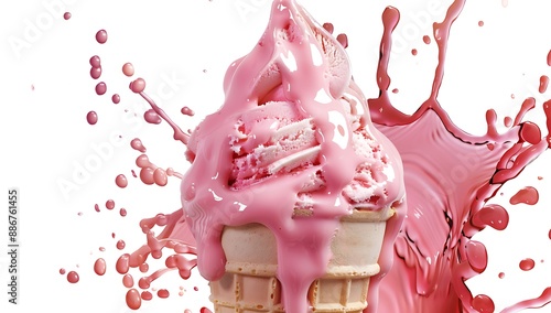 ice cream cone with pinkish red ice creme melting and splashing, white backgroundice cream cone with pinkish red ice creme melting and splashing, white background photo