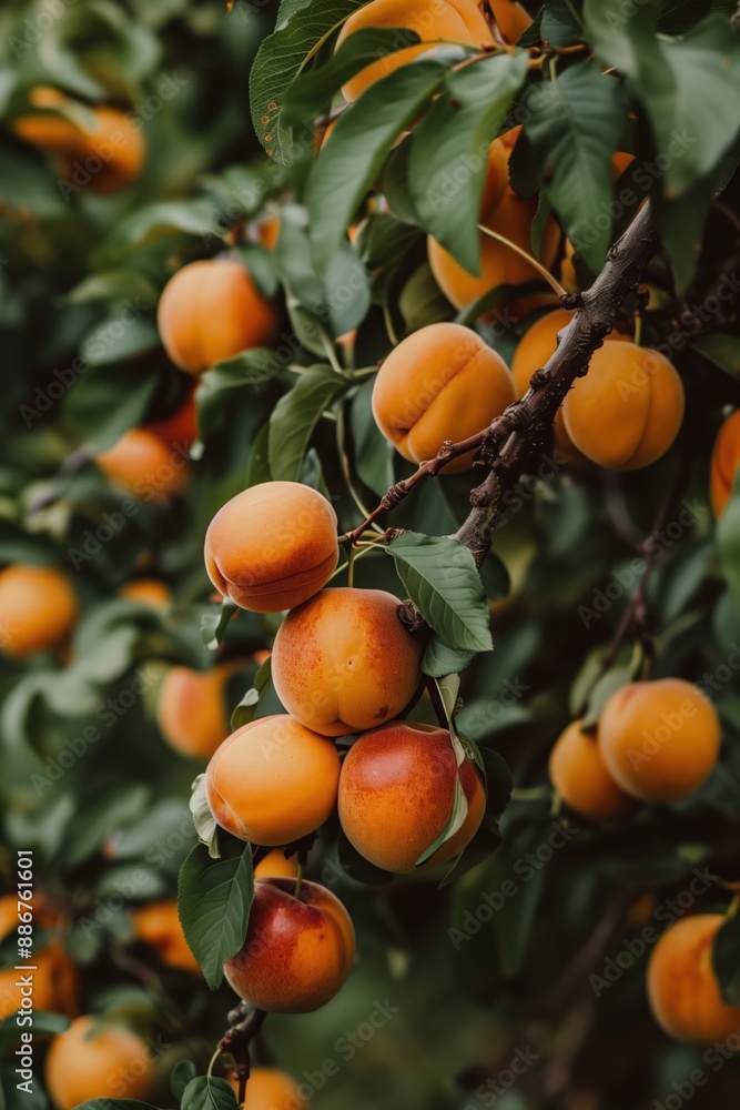 Peach tree with ripe orange fruits surrounded by rich green foliage. Close-up shot of apricot plant in garden setting emphasizing its grandeur. Perfect for eco-friendly and gardening themes. Peach tree with ripe orange fruits surrounded by rich green foliage. Close-up shot of apricot plant in garden setting emphasizing its grandeur. Perfect for eco-friendly and gardening themes.