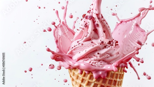 ice cream cone with pinkish red ice creme melting and splashing, white backgroundice cream cone with pinkish red ice creme melting and splashing, white background photo